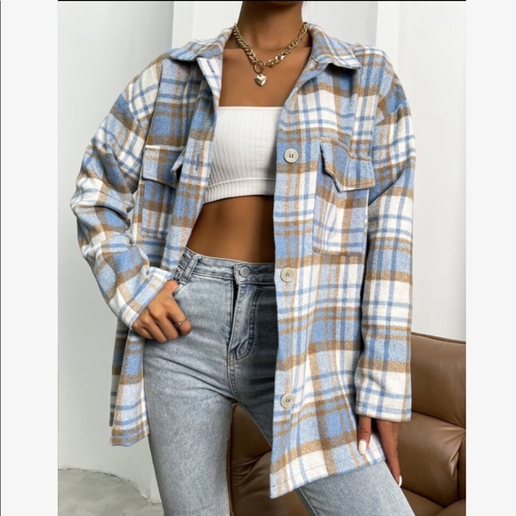 Oversized Relaxed Fit Plaid Button Down Jacket Shacket Coat - Picture 3 of 6